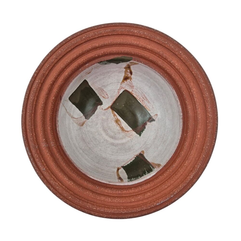 Studio Pottery Bowl Signed Abstract Stoneware Red Clay Ridged Rim Glazed Inside